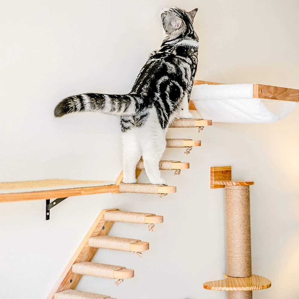 Cat Climbing Shelf - Wall-Mounted Four-Step Stairway with Sisal Scratching Post